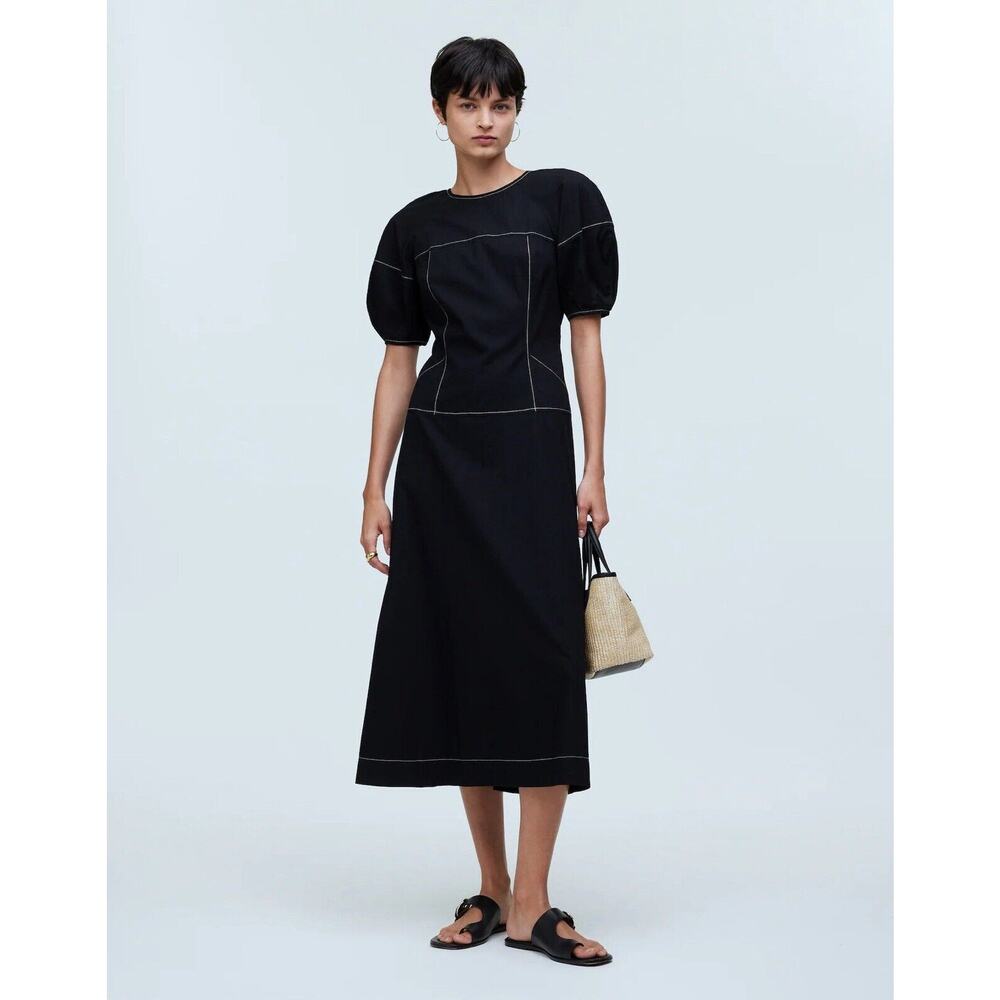 Madewell Puff Sleeve Drop Waist Midi Dress 0 True Black NQ890 Classic Minimalist